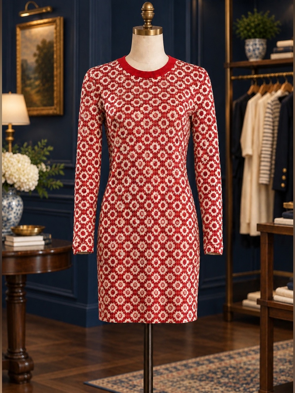 Tory Burch Silk Red Floral Knit Long-Sleeve knee length Dress. NWT S $425